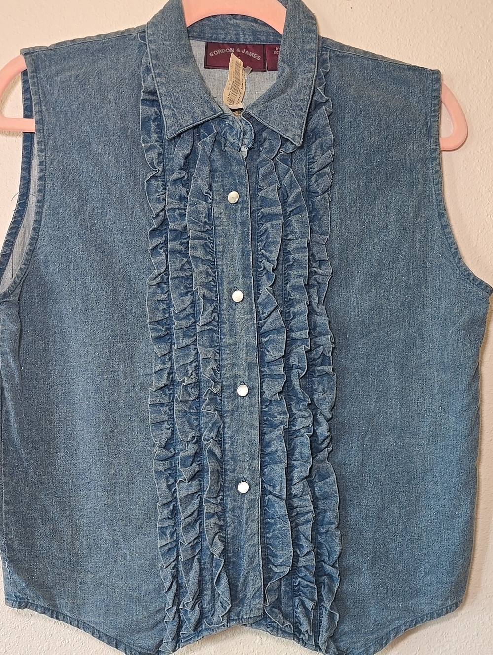 Vintage Denim Ruffle Sleeveless Shirt - Light Blue Sz LG  100% Cotton
